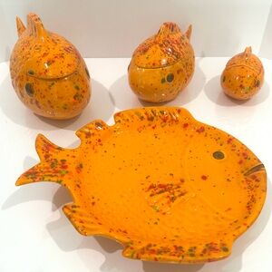 Vintage Ceramic Orange Speckled Fish Soup Tureen Bowls w Lids & Serving Dish MCM